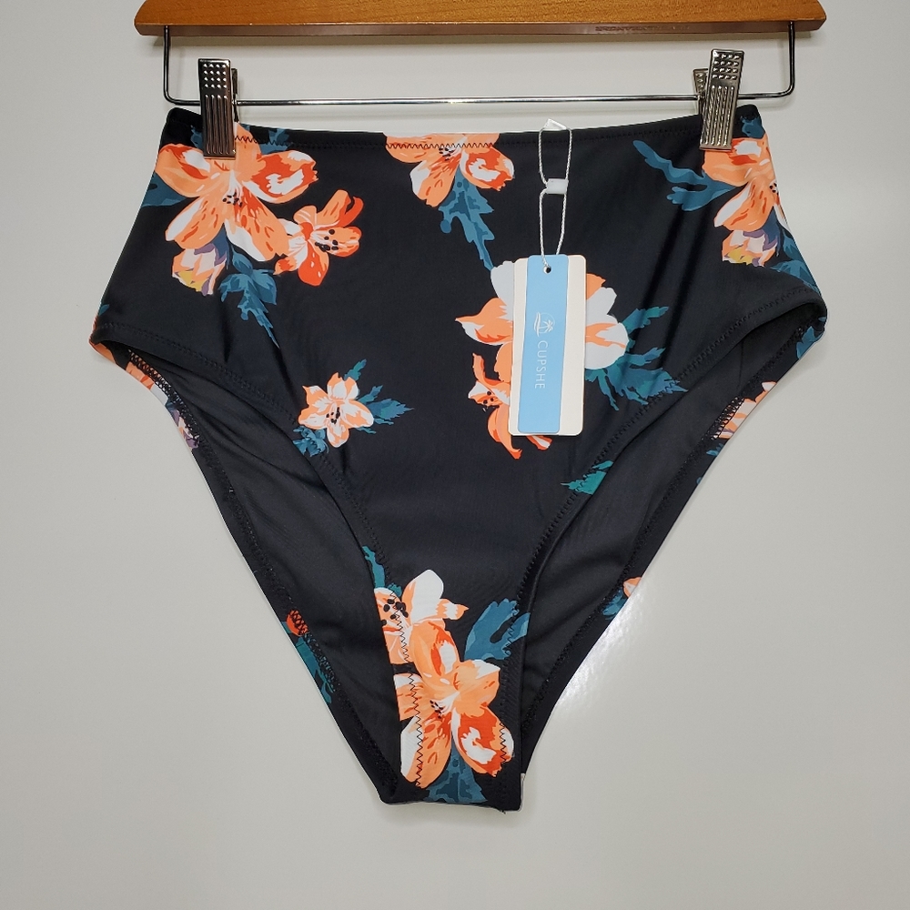 NWT CUPSHE Black Floral Leafy High Rise Swimsuit Bikini Swim Bottom Size Medium